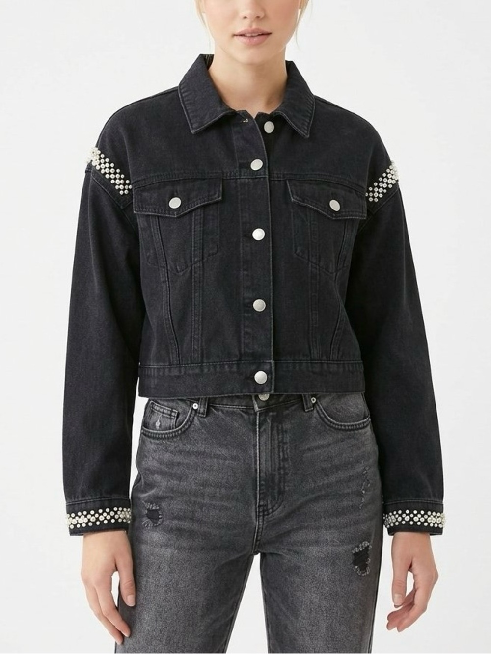 NWT Forever 21 Indigo Rein Gray Pearl Studded Denim Jacket Size S